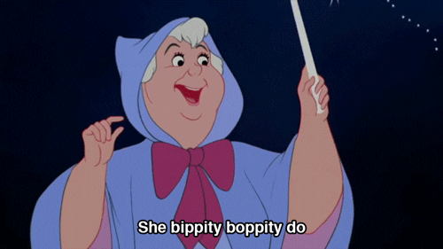 Fairy godmother from Cinderella waving her wand. Caption says :She bippity boppity do"